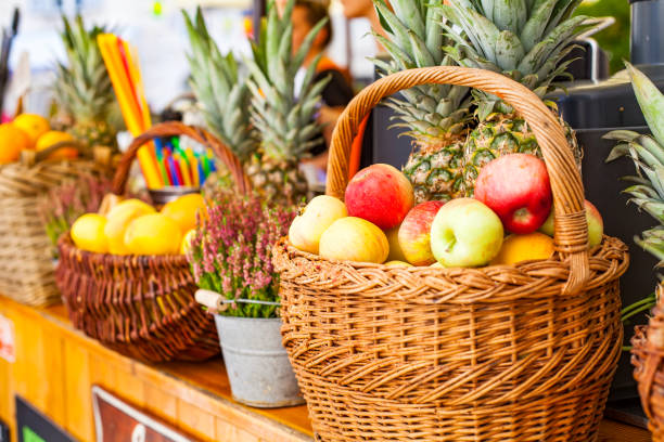 Picture of tasty fresh fruits in basket on a bar counter